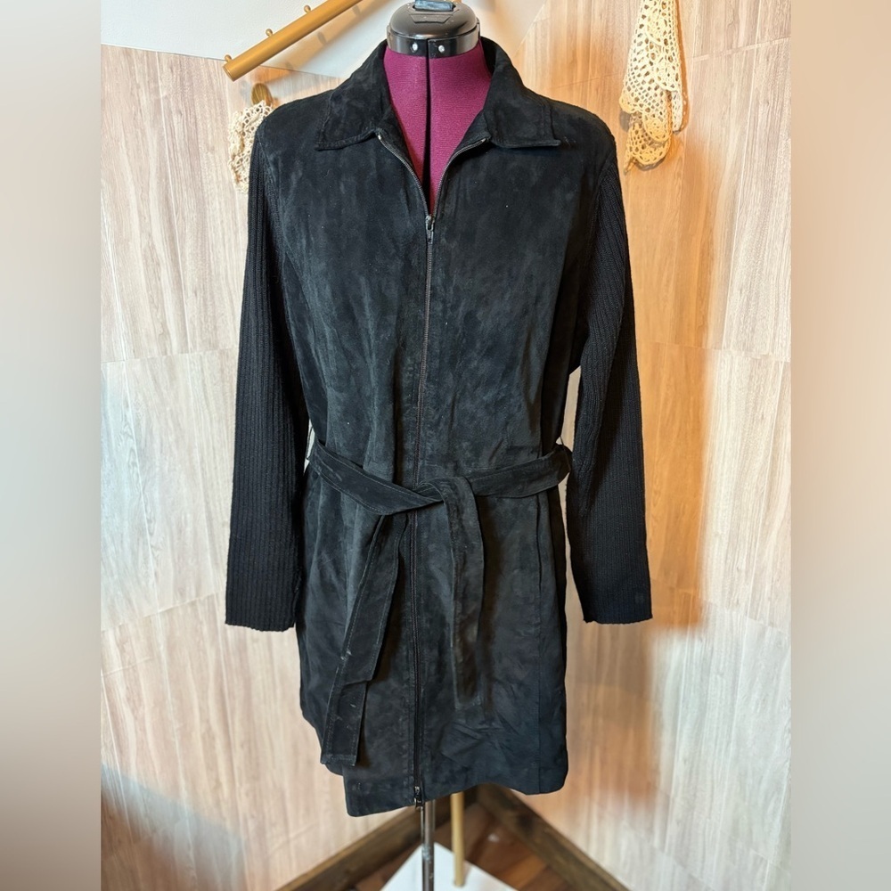 Clothes By Revue Elegant Black Suede Leather Coat Knit Sleeves with Belt Vintage